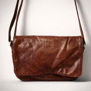 VTG New York LONDON EAST WEST Brown LEATHER Crossbody Purse BAG Fold Snap Close